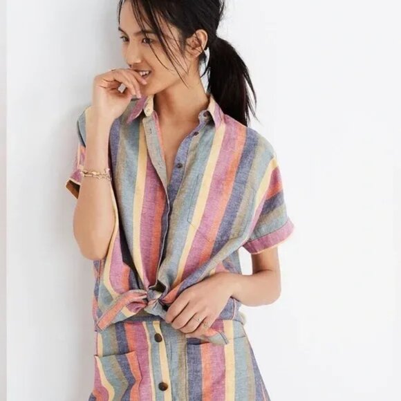 Madewell Striped Linen Short Sleeve Tie Front Shirt S Fall Rainbow Stripe - Picture 1 of 6